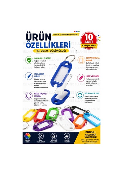 10 Adet Karışık Renk Plastik Anahtarlık Etiketi Yazılabilir İsimlik Anahtar Etiketi Metal Halkalı Bo