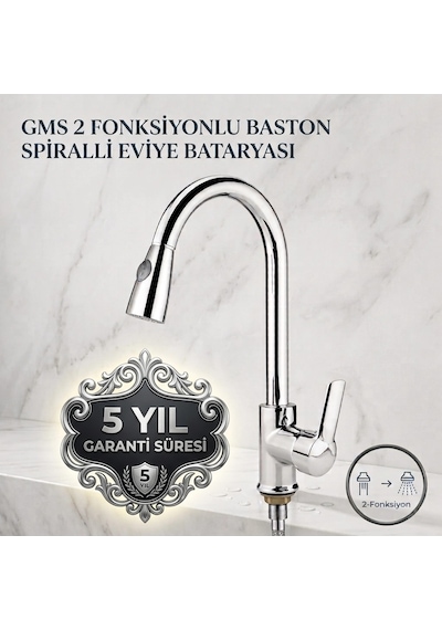 Gms 2 Fonksiyonlu Baston Spiralli Eviye Bataryası Krom