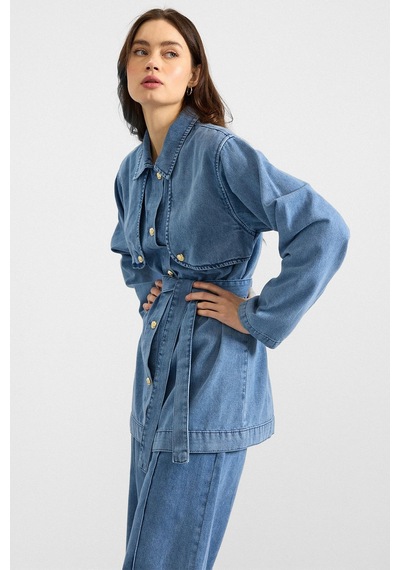 Olcay Pelerin Ve Metal Düğmeli Ceket Pantolon Denim İkili Takım Mavi 9393-tk