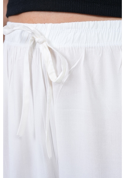Polologin Butik Beli Bağcıklı Yüksek Bel Bol Paça Beyaz Pantolon Beyaz