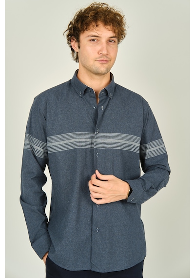 Megaldi Erkek Slim Fit Blok Desenli Pamuklu Uzun Kol Gömlek 1200 İndigo Gri İndigo Gri İndigo