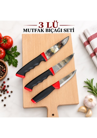 3'lü Paslanmaz Çelik Mutfak Bıçağı Seti Kırmızı - Siyah