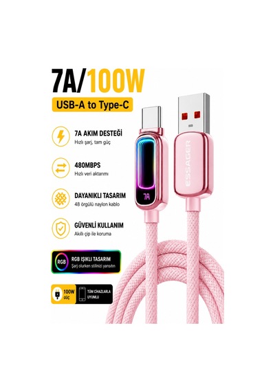 Essager 1 Metre 100w 7a Usb-a To Type-c Hızlı Şarj Kablosu Rgb Işıklı 480mbps Veri Aktarımlı Örgülü Data Kablosu Pembe Desen - Ben10