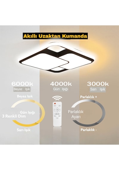 Catluz 50X50 CM Siyah 2'li Kare Led Tavan Lambası Avize Modern Aydınlatma 3 Işık Rengi Kumandalı Siyah
