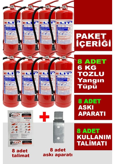 6 Kg Tozlu Yangın Söndürme Tüpü Askı Aparatı + Talimat Dahil Ruhsata Uygun 8'li Paket