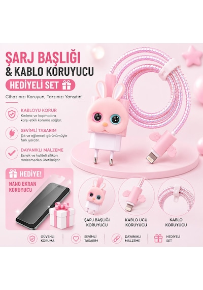 İphone 15 Plus Uyumlu Nano Ekran Koruyucu Hediyeli Şarj Başlığı & Kablo Koruyucu Koruma Seti 13