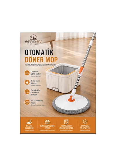 Otomatik Döner Mop Temiz Ve Kirli Suyu Ayıran Çift Hazneli Temizlik Seti 360 Döner Mikrofiber Mop