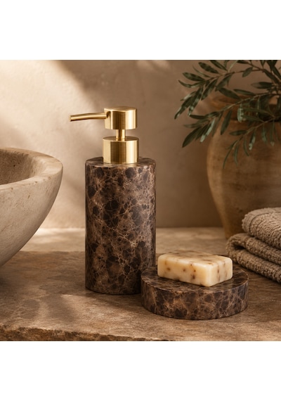 The Voguemaxima Mermer Görünümlü Sıvı Sabunluk Kahverengi Gold Pompalı 7x19 Cm