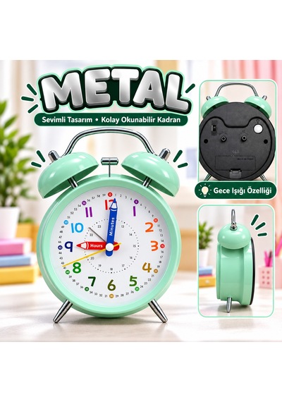 Eğitici Ve Eğlenceli Renkli Çalar Saat Pilli, Metal Gövdeli Çocuk Saati Turkuaz