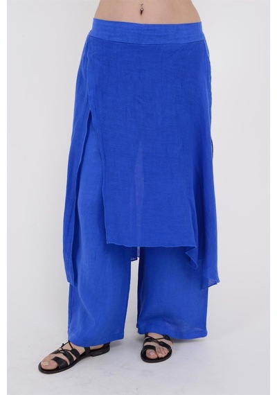 Bohem Stil İtalyan Ham Keten Pantolon Etek-8747 Saks Mavisi