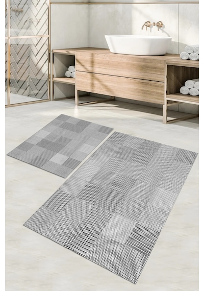 Buççin Online Mağaza Dijital Baskılı Yıkanabilir Kaymaz Taban Kilim Görünümlü Banyo Paspası Klozet Takımı Polyester Gri Çok Renkli