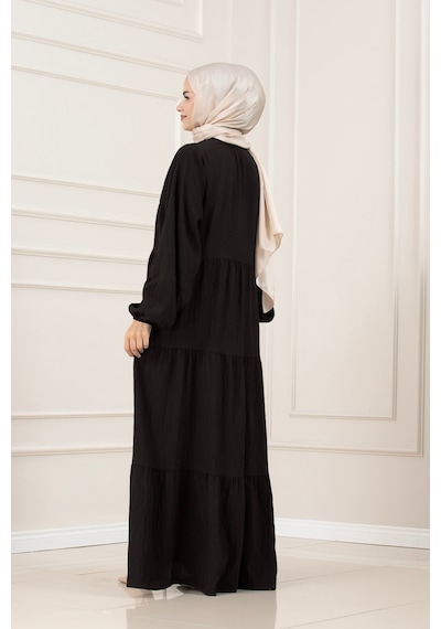 Sevitli Lilyum Kumaş Robalı Katya Elbise-kahverengi-5819