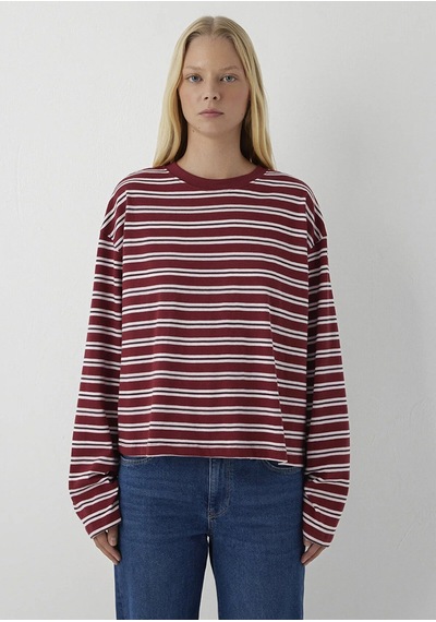 Mavi Uzun Kollu Basıc Tişört Syrah Stripe Bordo