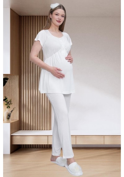 Mecit Pijama Mecit 6203 Bayan Ekru Sabahlıklı Hamile Lohusa Pijama Takımı