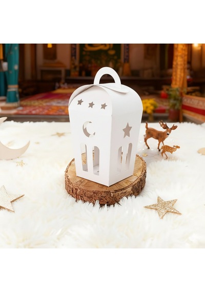 Ramazan Temalı Dekoratif Beyaz Fener Kutusu, Ay Yıldız Kesim Hediyelik Kutu Seti, 6x9 Cm - 12 Adet