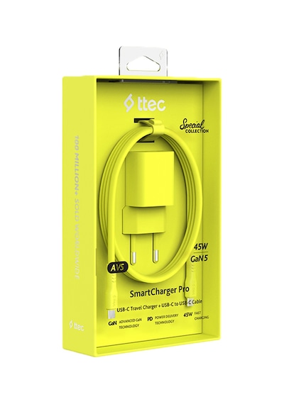 Ttec Smartcharger Gan 45W Avs PD Seyahat Hızlı Şarj Aleti + USB-C - USB-C 3A 120 CM Kablo Neon Sarı