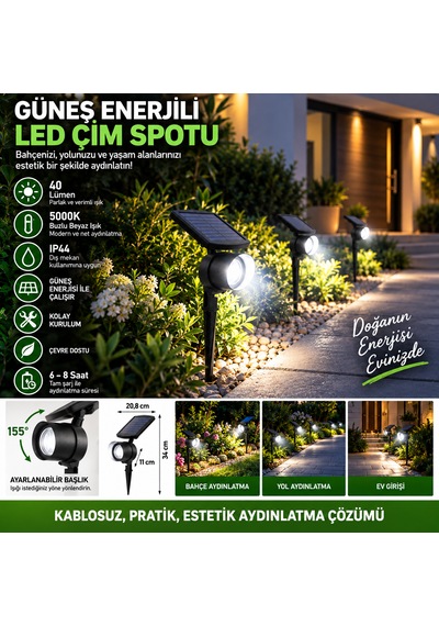 Solar Led Bahçe Spotu 40 Lümen 5000k Beyaz Işık Kazıklı Çim Ve Peyzaj Aydınlatma