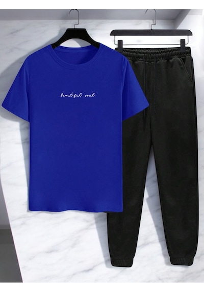 Uyguntarz Unisex Beatiful Soul Tasarım Basklı Tshirt Eşofman Takımı Mavi