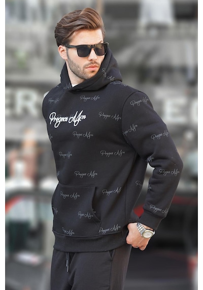 Madmext Siyah Baskılı Kapşonlu Cep Detaylı Erkek Sweatshirt 7075 Siyah