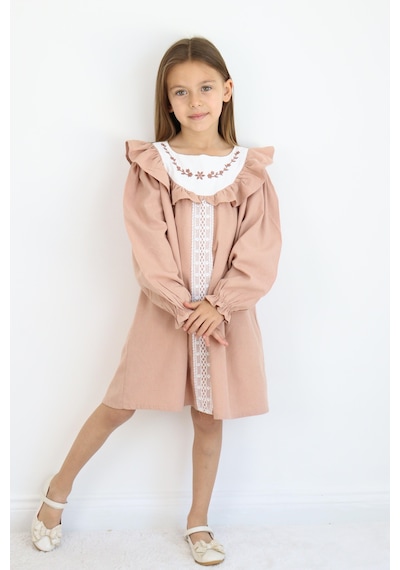 Miababy Nakış Detaylı Keten Elbise 1-8 Yaş Kahverengi