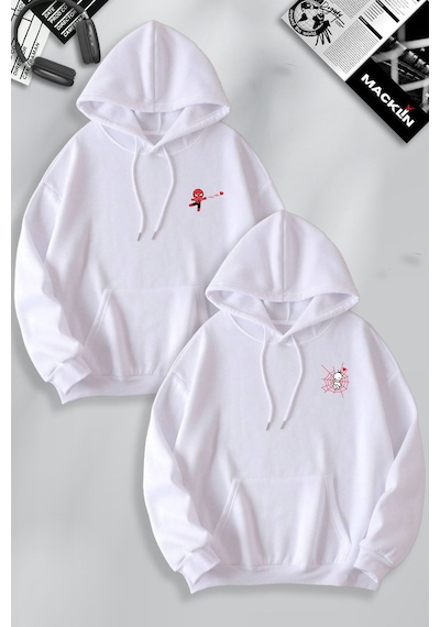 Macklin Sevgili Çift Kombin Spiderman Ve Kız Ağ Baskılı Özel Tasarım Kapüşonlu Sweatshirt 2li Set Takım Beyaz Mck1228 Beyaz