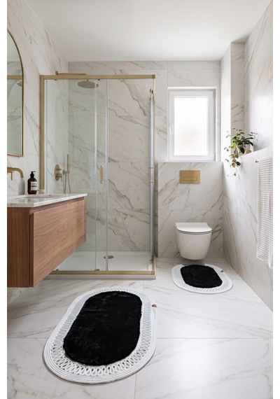 Banyo Paspası Takımı 60x100+40x60 Cm İç Trikot Siyah & Gümüş