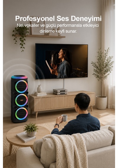 Taşınabilir Mikrofonlu 90w Led Işıklı Bluetooth Karaoke Hoparlör Seti