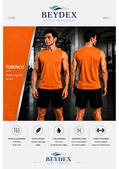 Beydex Erkek Nem Emici Hızlı Kuruma Atletik Teknik Sporcu Sıfır Kol T-shirt Gym Turuncu