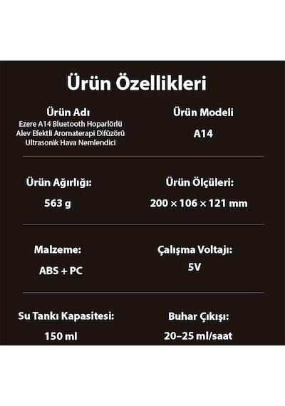 Ezere A14 Bluetooth Hoparlörlü Alev Efektli 8 Sesli Renkli Alev Görünümlü Aromaterapi Difüzörü Ultrasonik Hava Nemlendici