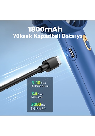 Warmco K30 Taşınabilir Şarjlı Mini El Vantilatörü 1800mah 3 Kademeli Standlı Soğutucu Fan Lacivert
