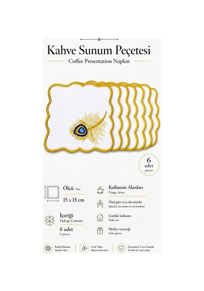 Gold Nakış İşlemeli 6'lı Kahve Yanı Sunum Peçetesi Çeyizlik Kahve Altı Sunum Peçetesi Tuvrena Gümüş
