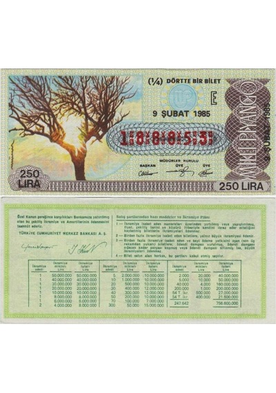 Eski Milli Piyango Bileti 9 Şubat 1985 Çeyrek 1/4 Bilet 250 Lira. Çil Kondisyon.