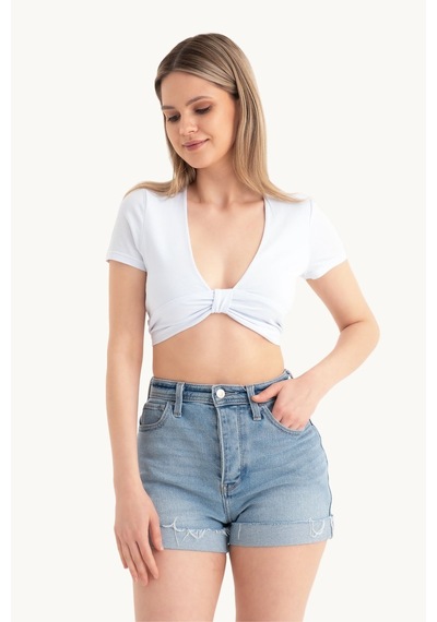 Hiccup Derin V Yaka Önü Bağlamalı Kısa Kollu Crop Top Beyaz
