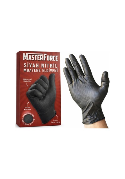 Masterforce Siyah Nitril Eldiven 50'li Pudrasız, Ekstra Kalın Ve Dayanıklı Balıksırtı Dokulu, Lateks İç