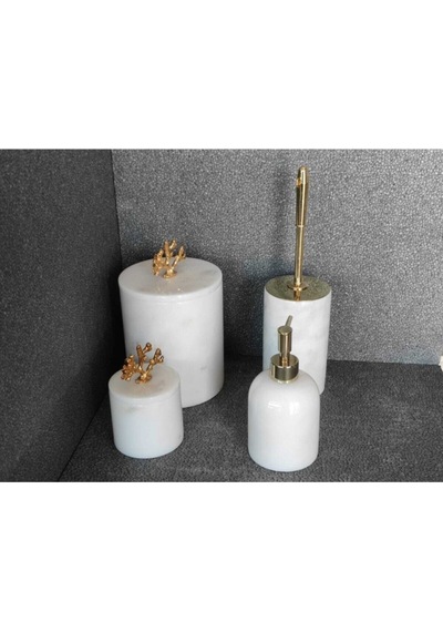 Beyaz Mermer Gold Mercan Aksesuarlı 4'lü Banyo Seti Beyaz