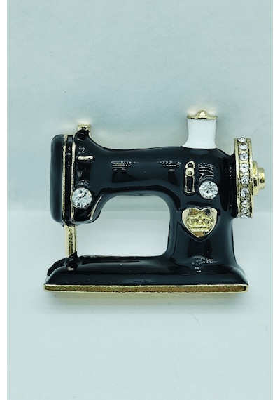 Vintage Dikiş Makinesi Figürlü Siyah Tasarım Broş Siyah