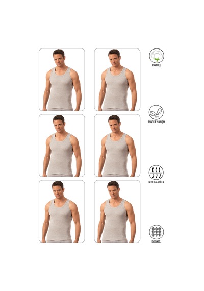Özkan Underwear Özkan 0113 6'lı Paket Erkek %100 Pamuklu Esnek Yumuşak Ribana Kalın Askılı Atlet Gri Melanj
