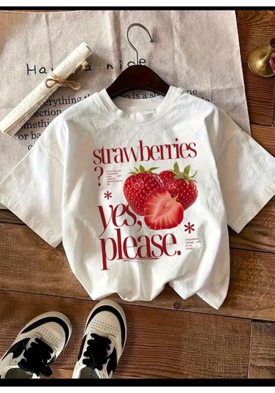 Medinenur Strawberries Baskılı Basic T-shirt Beyaz