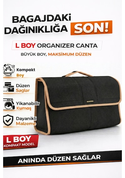 Oto Bagaj Organizer Bagaj Çantası L Boy Kaymaz Cırt Bantlı Velur Kompakt Düzenleyici - Vlx6