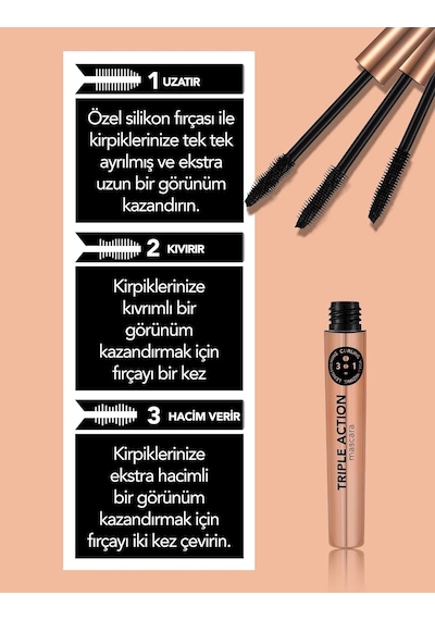 3 Kademeli Ayarlanabilir Maskara Siyah - Triple Action Mascara - 001-8690604275588 Diğer