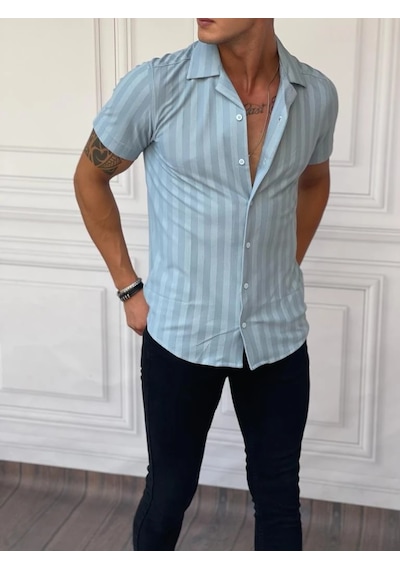Modefendi Dikey Desen Detaylı Normal Slim Fit Pamuklu Gömlek Mavi Modefendi Dikey Desen Detaylı Normal Slim Fit Pamuklu Gömlek Mavi
