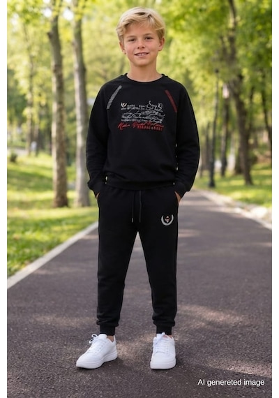 Pina Kids Erkek Çocuk İki İplik Baskılı Beli Lastikli Eşofman Takımı Esf7029 Siyah - Siyah