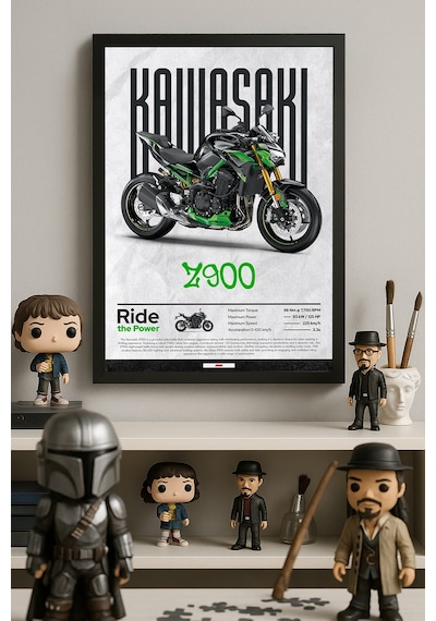 Kawasaki Z900 Siyah Ahşap Çerçeveli Poster, Dekoratif Motosiklet Duvar Tablosu