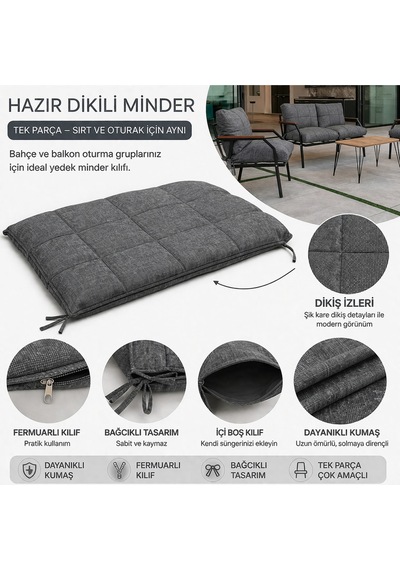 Bahçe & Balkon Koltuk Minderi 55x95 Sırt Ve Oturak Uyumlu Tek Parça Minder Gri