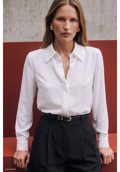 Sateen Dantel Detaylı Klasik Gömlek - Ekru-137874