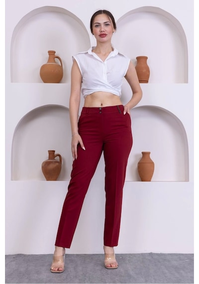 Lodmela Deri Detaylı Cepli Bilek Boy Pantolon 3146-bordo Bordo