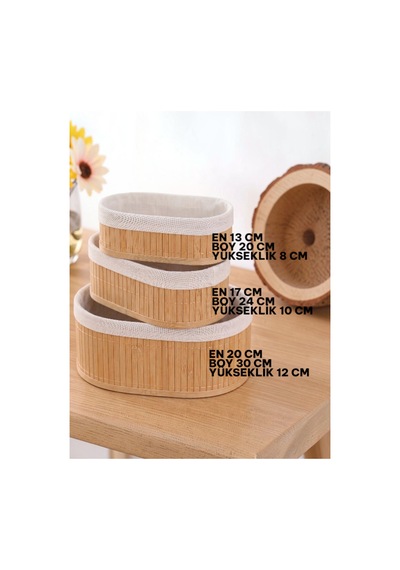 Oval 3 Lü Set İçi Kumaşlı Oval Bambu Düzenleyici Sepet Çok Amaçlı Organizer-oval Bej Bej