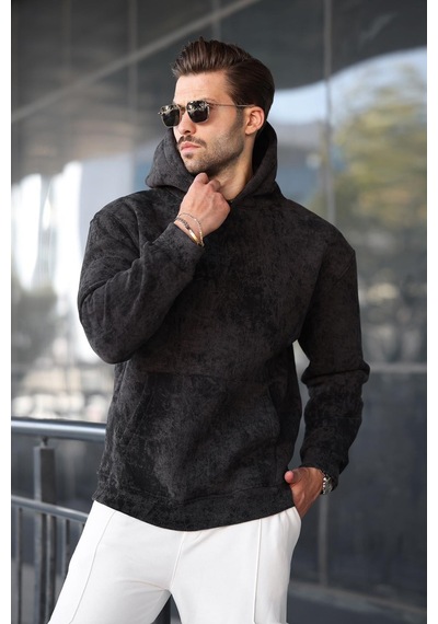 Madmext Siyah Desenli Kapüşonlu Erkek Sweatshirt E7167 Siyah