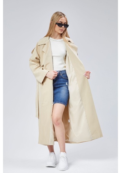 Kadın Oversize Astarlı Uzun Trençkot Vizon