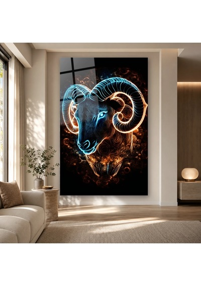 Neon Hatlı Koç Başı Çerçevesiz Cam Tablo